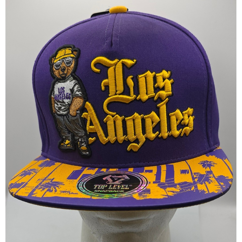 Top Level Los Angeles LA Purple Yellow Bear Snapback Hat Cap Hip‎ Hop NWT